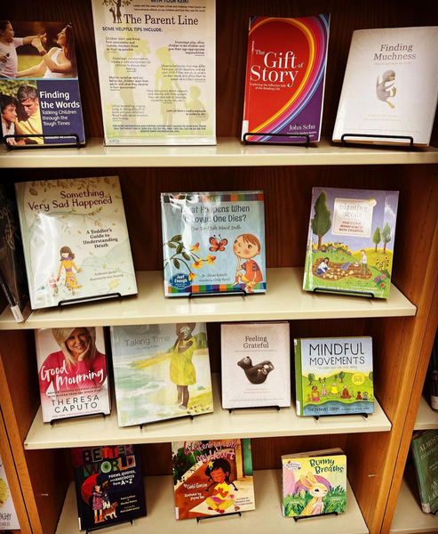 August 23, 2023 ~ Love our library and seeing our friend Kobi Yamada’s @livethegoodstuffbooks on the shelf for healing after loss. ❤️‍🩹 Finding Muchness and Feeling Grateful are beautifully written by Kobi.